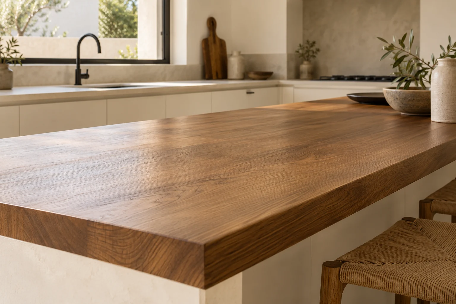 Concept de plan de travail en bois traité avec veinage longitudinal et finition satinée.
