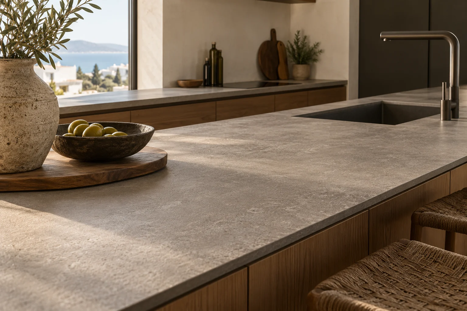 Concept de plan de travail en grès céramique au décor minéral gris chaud et à la finition mate.