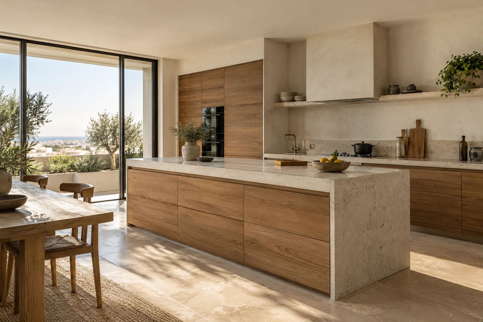Concept de cuisine méditerranéenne lumineuse, bois chaleureux et plan en pierre claire.