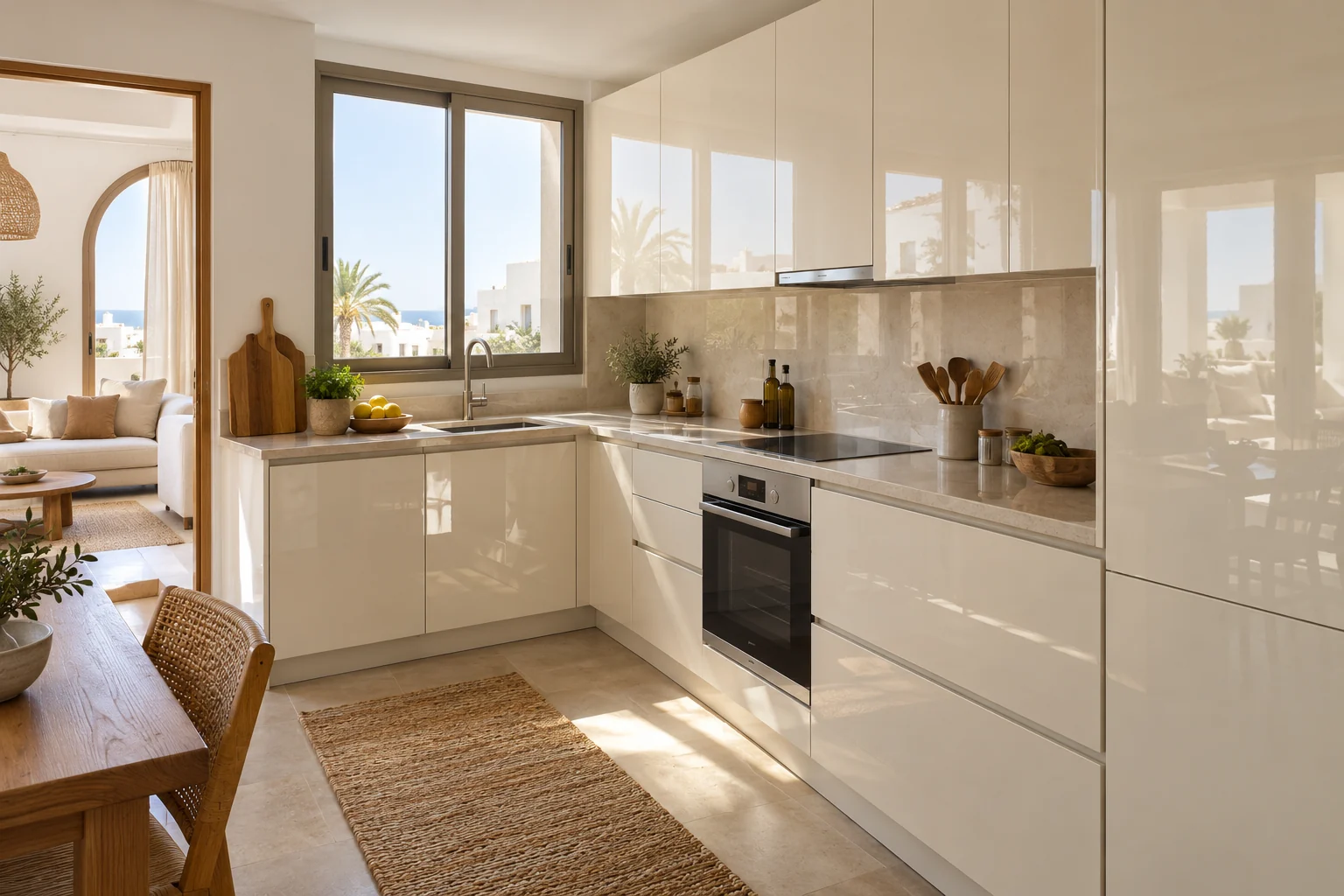 Concept de cuisine lumineuse avec façades claires brillantes et reflets doux.