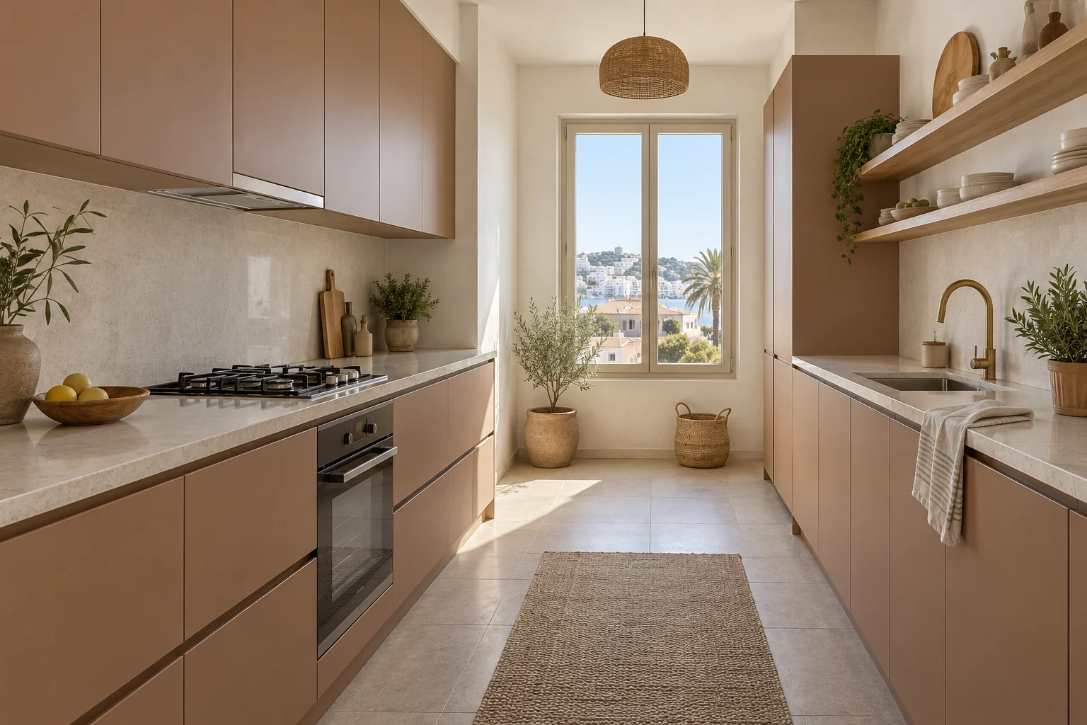 Concept de cuisine en longueur aux façades laquées couleur terre.