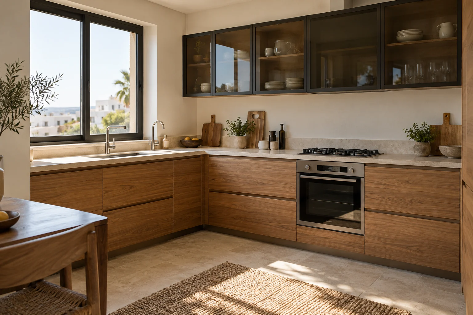 Concept de cuisine en placage naturel avec veinage horizontal, vitrines sombres et plan clair.
